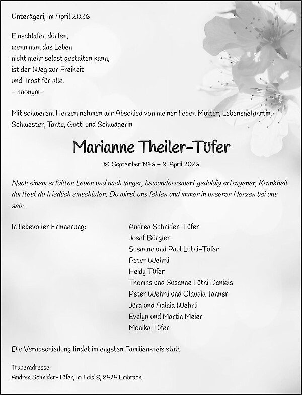 Todesanzeige von Marianne Theiler-T&uuml;fer